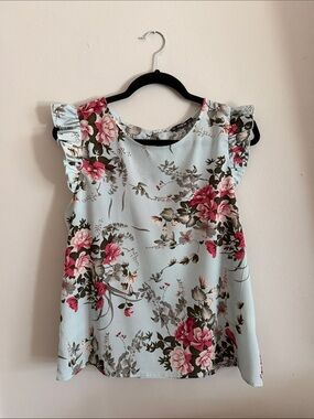 SHEIN Light Blue Floral Ruffle Sleeve Blouse with Pink Blooms